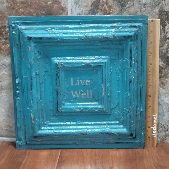 Turquoise Distressed Live Well Tin Metal on Wood Frame Hanging Wall Decor - Picture 8 of 12